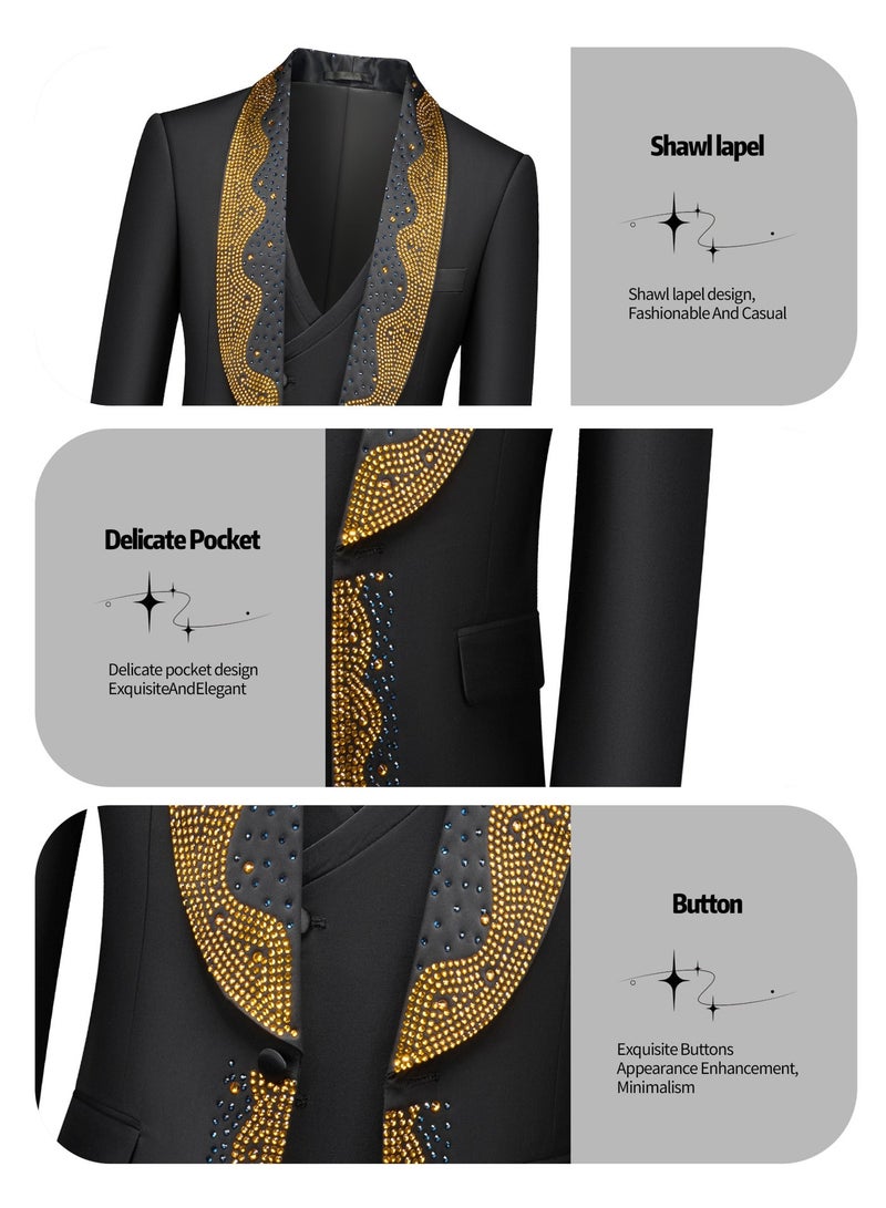 3 Pcs Men Suit Hot-fixed Rhinestone Shawl Collar One Button Flap Pockets for Wedding Party Engagement Men Elegant Outfit - Image 3